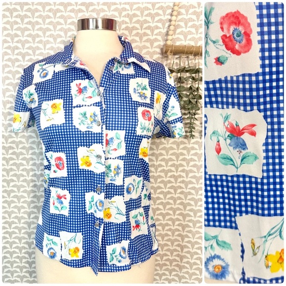 Vtg 90s Blue Plaid Floral Print Flower Button Down Shirt Polyester Y2K Jr Large - Picture 1 of 8